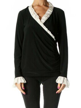 White House Black Market Black Solid Ruffle Top